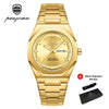 A gold-toned quartz watch with a stainless steel band and a leather gift box.