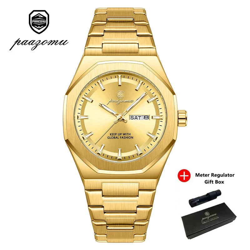 A gold-toned quartz watch with a stainless steel band and a leather gift box.