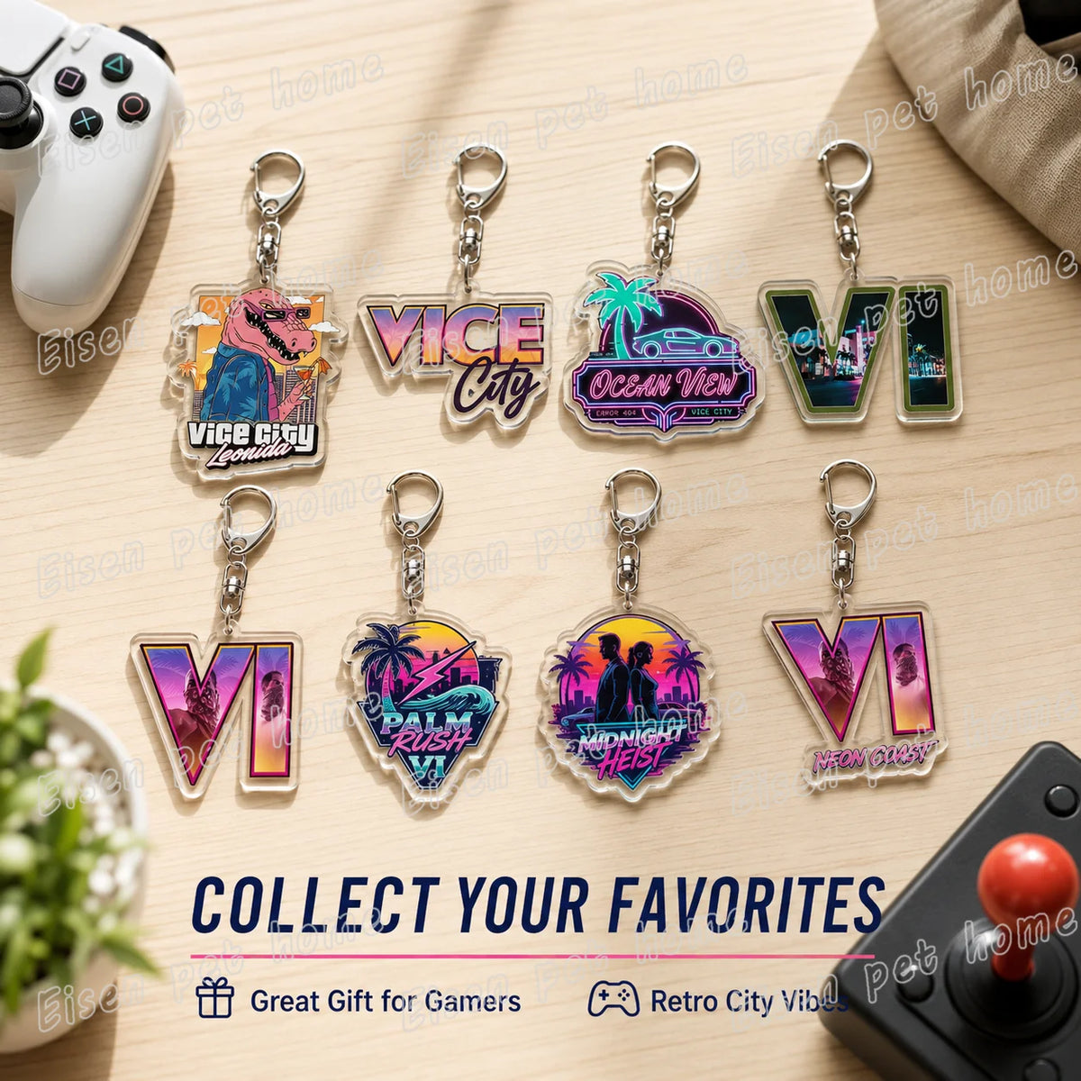 A collection of retro city themed keychains featuring various neon and holographic designs.