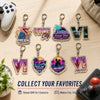 A collection of retro city themed keychains featuring various neon and holographic designs.