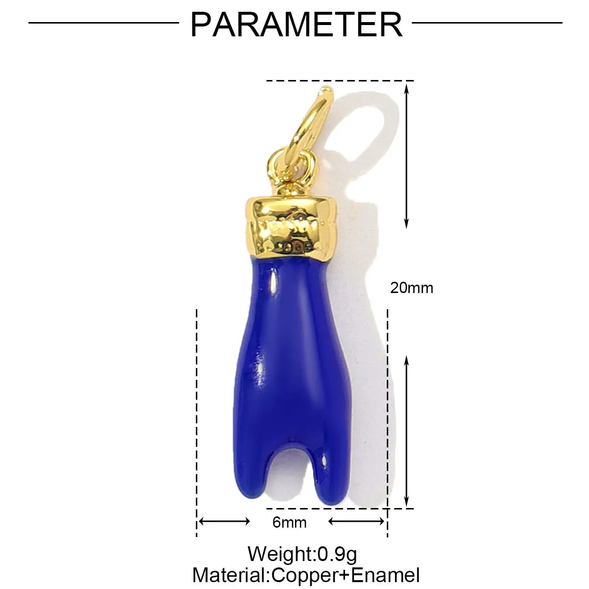 Charm en émail bleu et plaqué or en forme de main, mesurant 20 mm de haut.