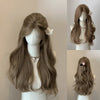 A long brown curly wave wig displayed on a mannequin, showing the hair from the front and back.