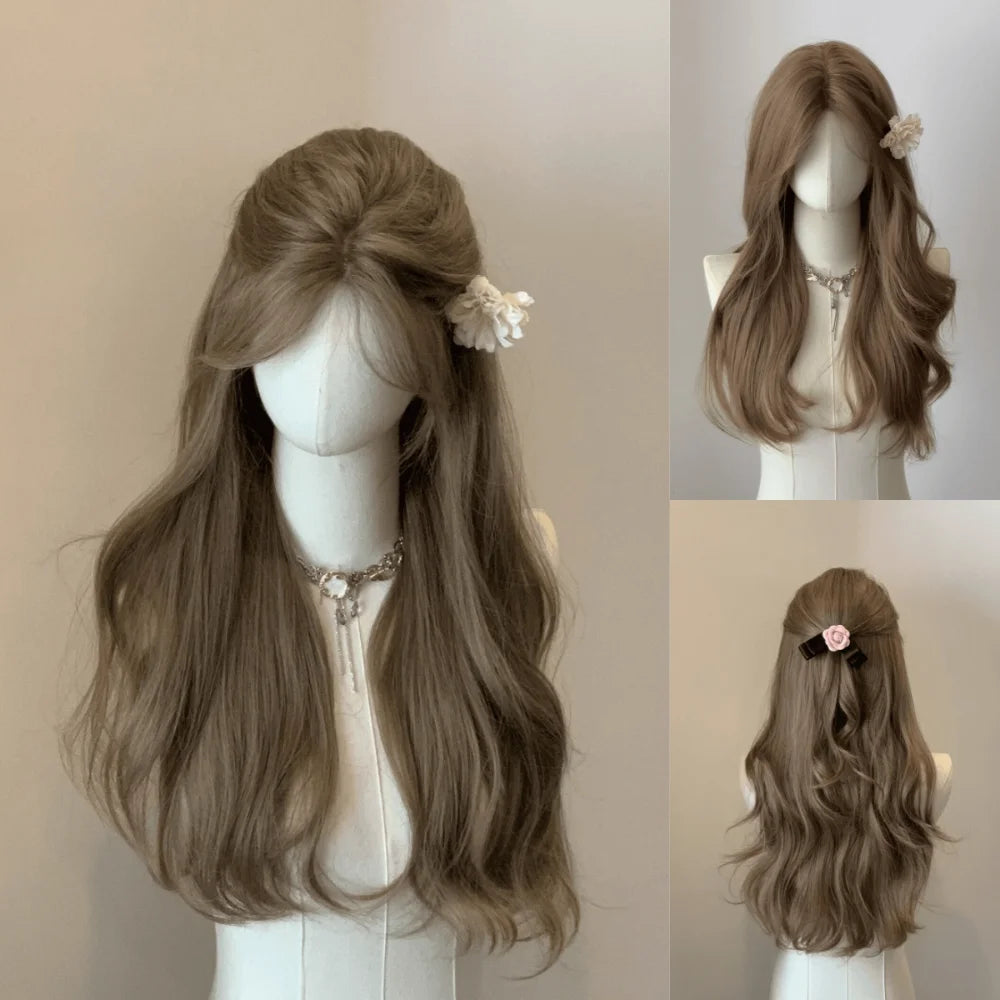 A long brown curly wave wig displayed on a mannequin, showing the hair from the front and back.