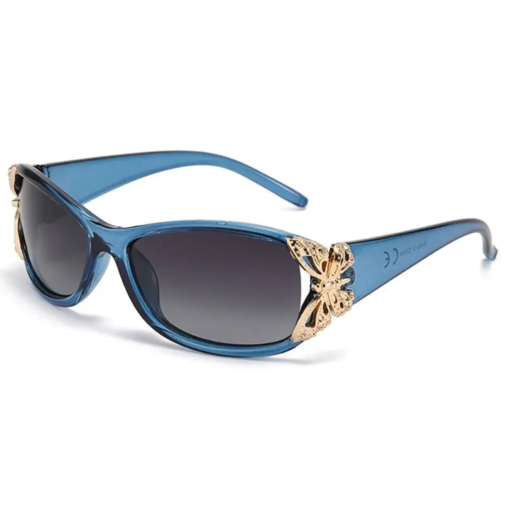 Blue vintage butterfly wrap sunglasses with gold accents