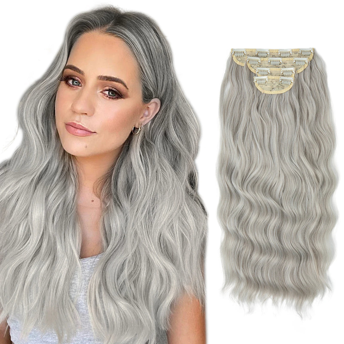 Una mujer modela cabello largo, ondulado y gris plateado junto a un paquete de extensiones capilares.