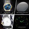 A stainless steel men's watch featuring a blue dial, crown, and luminous function.