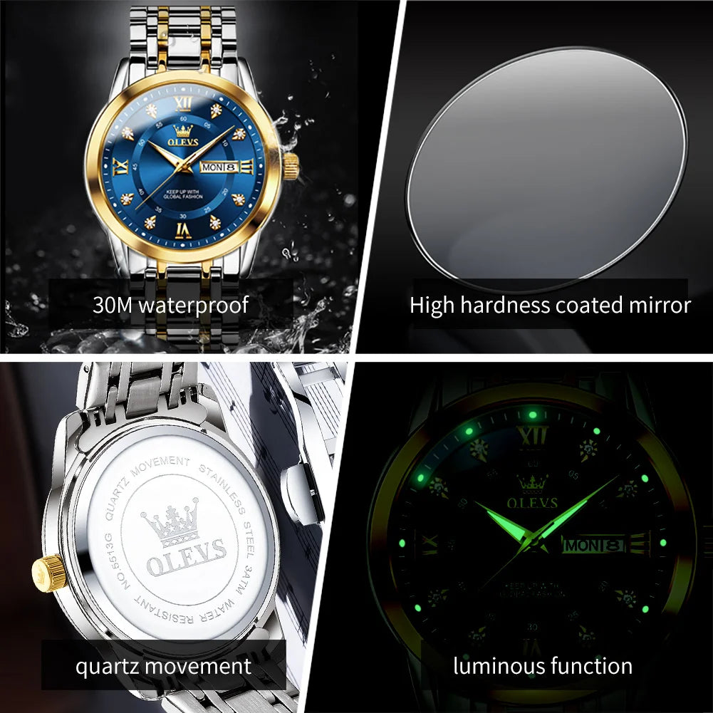 A stainless steel men's watch featuring a blue dial, crown, and luminous function.