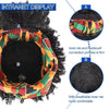 Primer plano de una peluca afro riz y kinky con una diadema colorida mostrando la conexión entre la malla interna y la pañuel