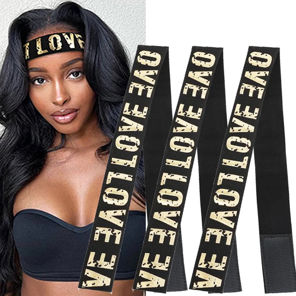 A woman models a black lace headband with gold lettering against a white background.