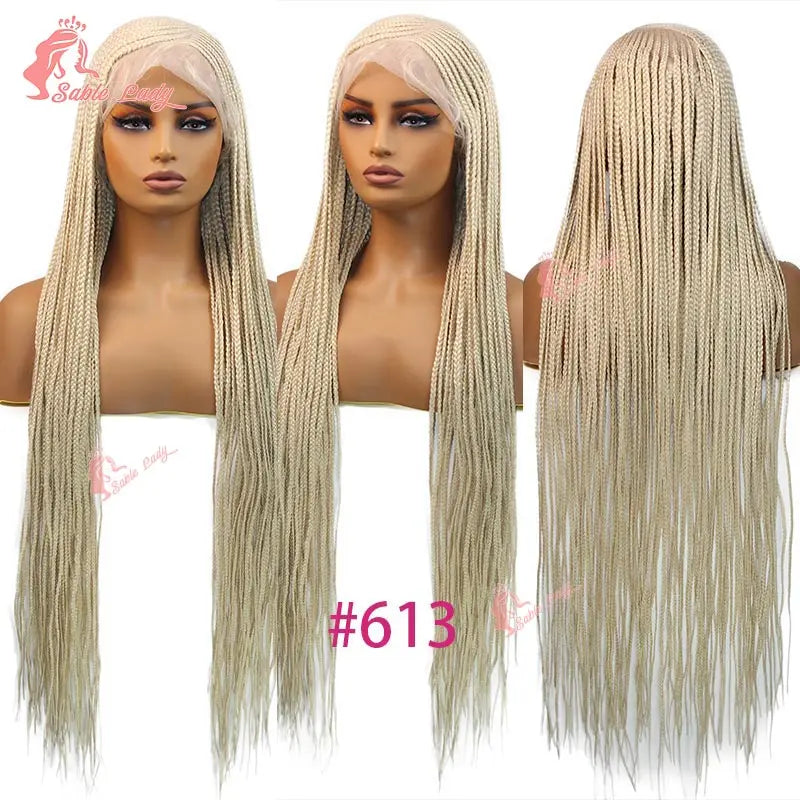 A set of three 36-inch braided cornrow wigs in a light blonde color displayed on mannequins.