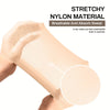 A hand is holding a light beige stretchy nylon material, demonstrating its breathable and absorbent properties.
