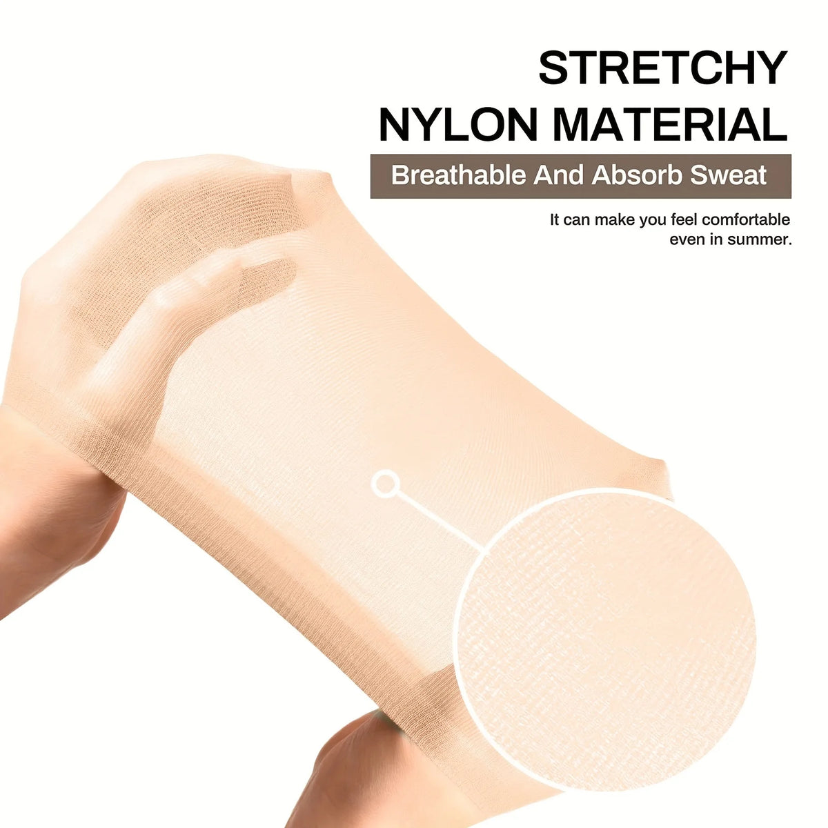 A hand is holding a light beige stretchy nylon material, demonstrating its breathable and absorbent properties.