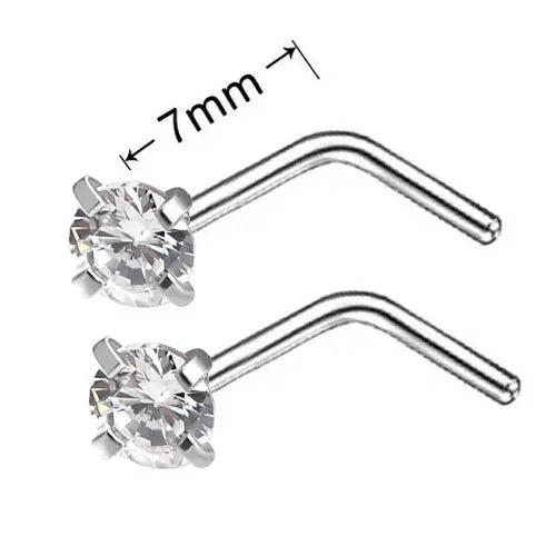 Pendientes en forma de L de acero inoxidable con 7 mm de largo y piedras transparentes facetadas como diamantes