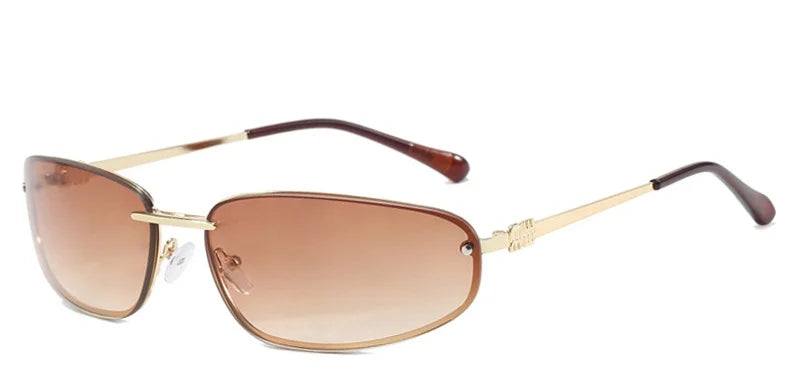 Oval Y2K Rahmenlose Sonnenbrille mit braunen Rahmen und getönten Linsen