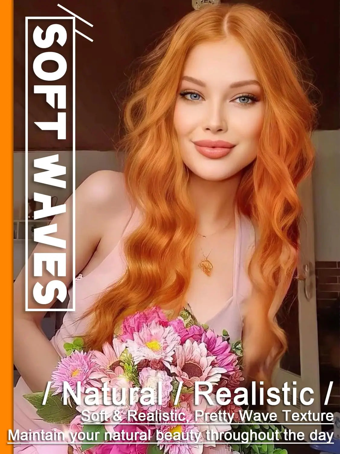 Una mujer con cabello largo y ondulado naranja modela una textura suave para la belleza natural.