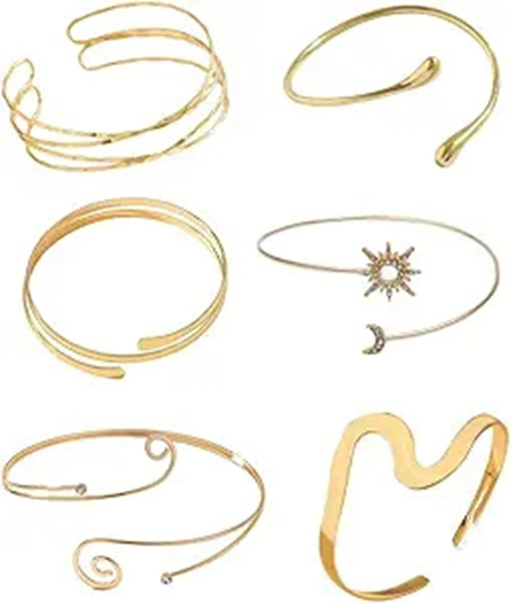 A set of six gold-plated swirl cuff armbands displayed individually.