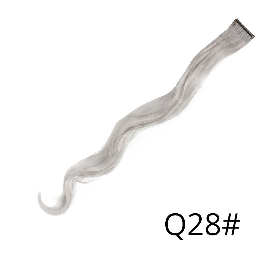 A bundle of long, straight silver gray synthetic hair extensions shown in a wavy style.