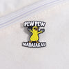 A yellow chicken enamel lapel pin featuring the text PEW PEW and MADAFAKAS!