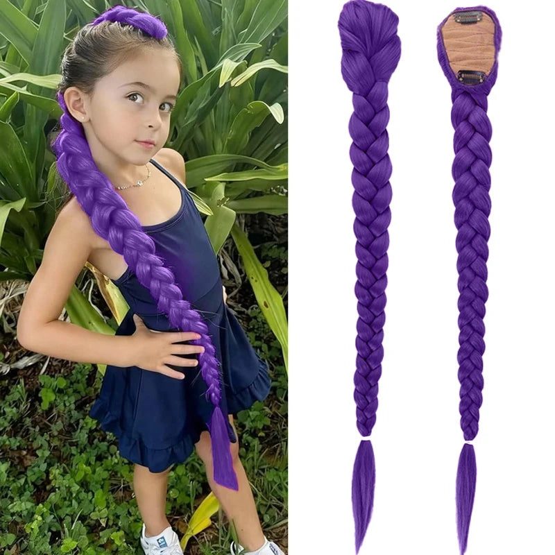 A young girl models vibrant purple braided hair extensions against a green outdoor background.