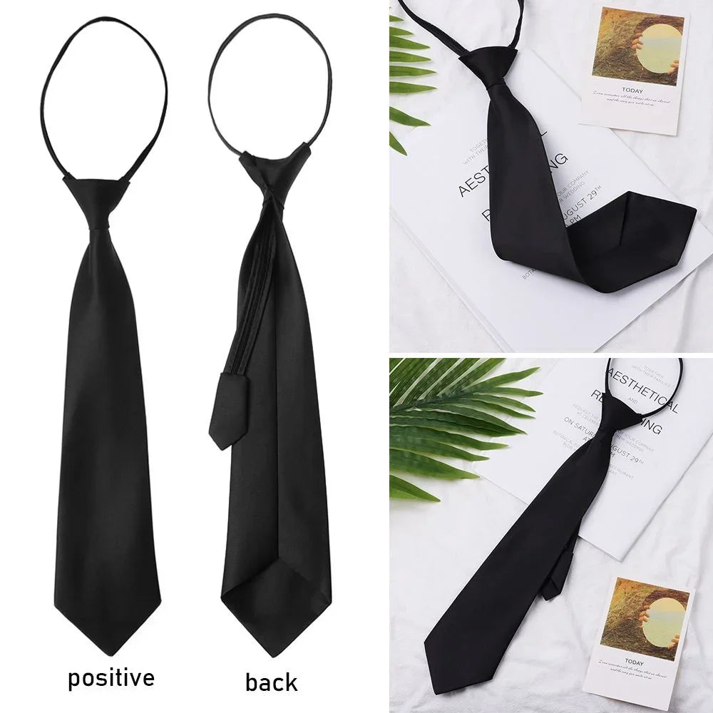 Black clip-on security tie shown from the front and back views on white paper.