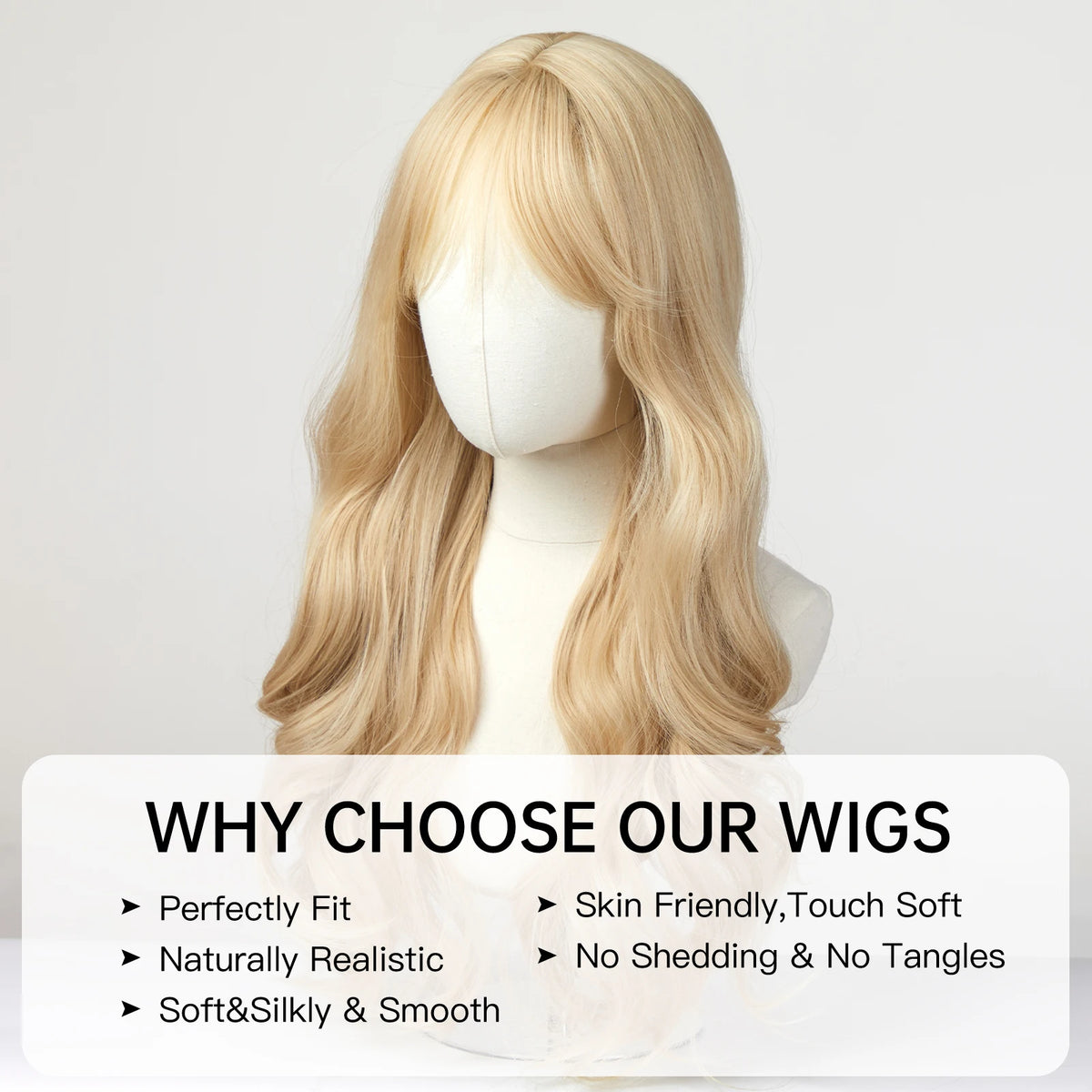 A blonde wig with long wavy hair is displayed on a mannequin against a light background.
