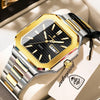 A close-up of a gold and silver stainless steel quartz watch with a black dial and luminous features resting on a light-color