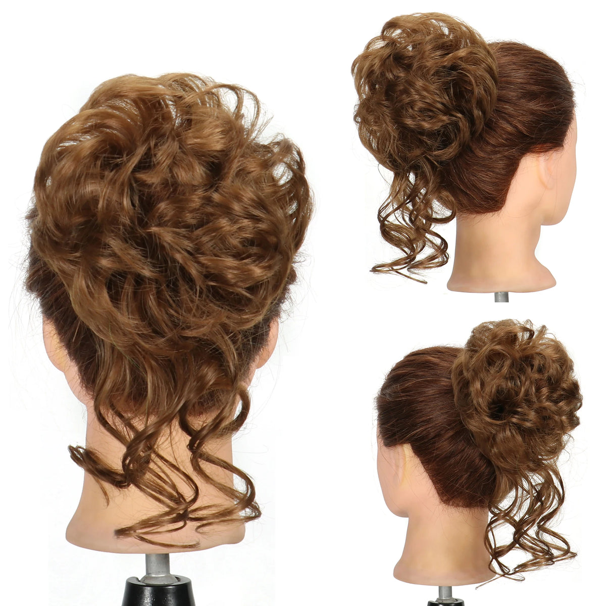A woman's head showing a brown curly hairstyle styled into a messy bun with long flowing curls.