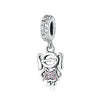 A silver family tree charm necklace featuring a detailed tree design and a small pink gemstone.