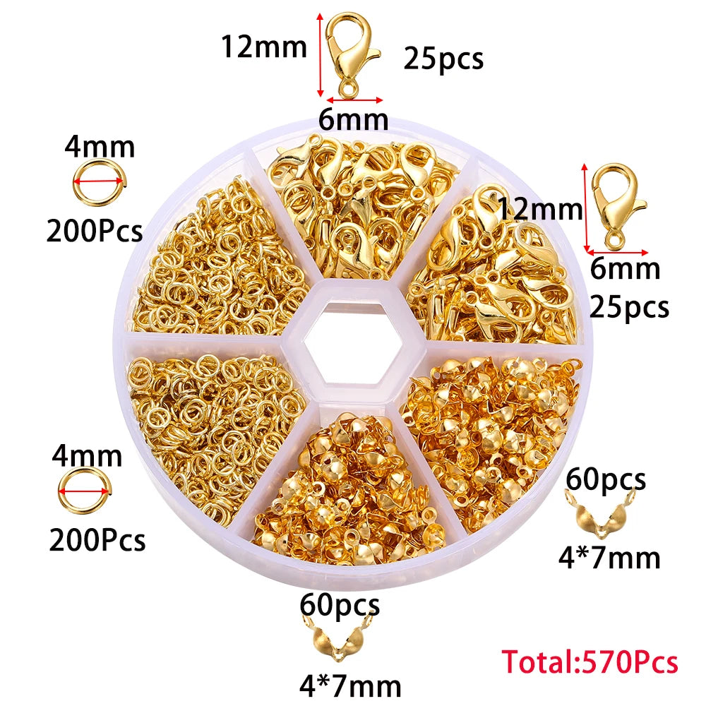 A set of gold jewelry findings including clasps, hooks, and jump rings packaged in various quantities.