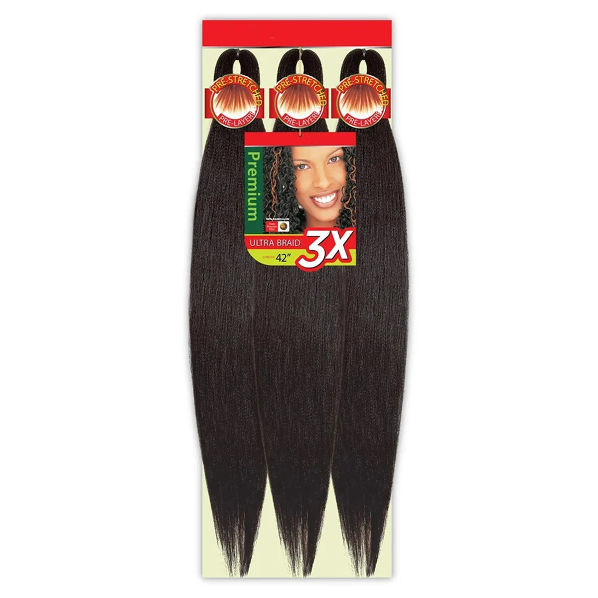 A package of Pre-Stretched Kanekalon Braiding Hair Extensions in black, featuring a model's face.