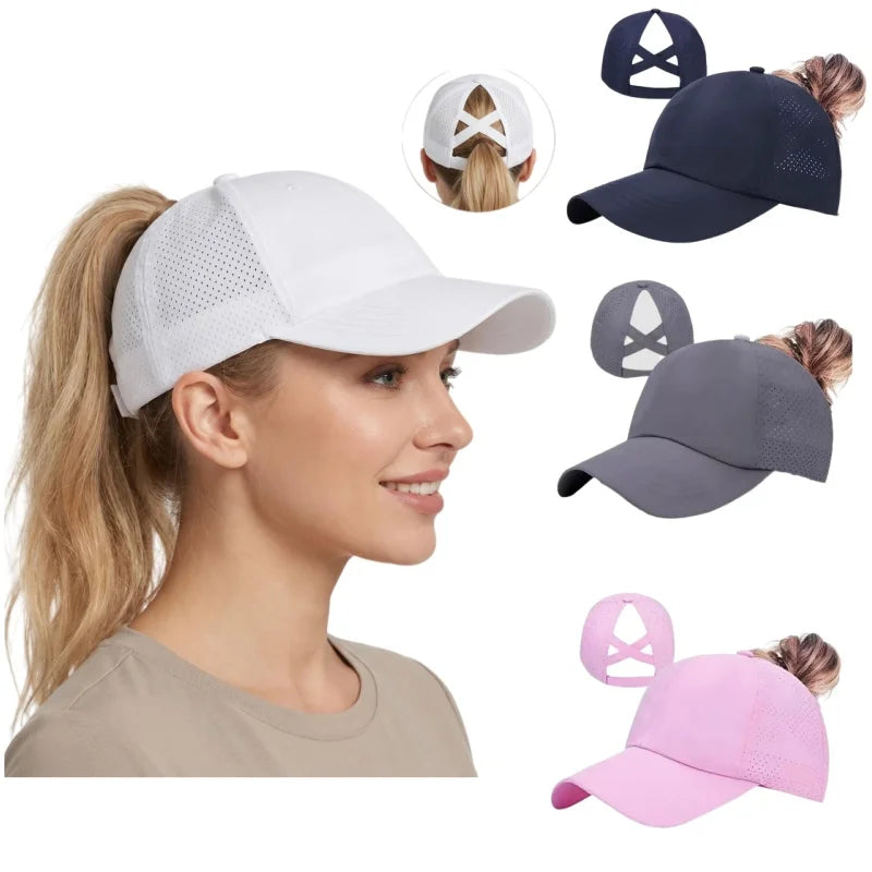 A woman models a white breathable mesh criss-cross baseball cap with various color options and angles.