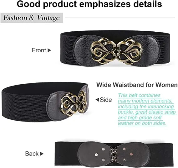 A black vintage leather elastic belt with a gold brass interlocking buckle shown from the front, side, and back.
