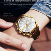 A close-up of a men's gold chronograph wristwatch with a brown leather strap worn on a wrist.
