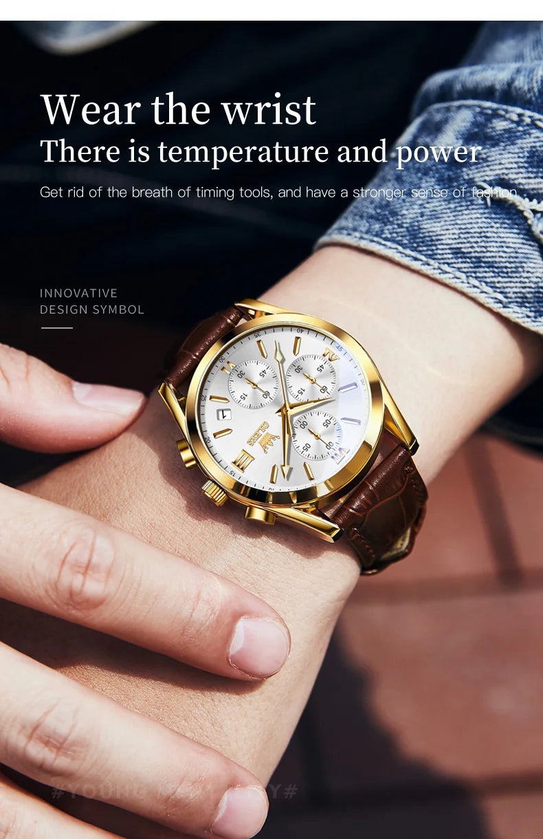 A close-up of a men's gold chronograph wristwatch with a brown leather strap worn on a wrist.