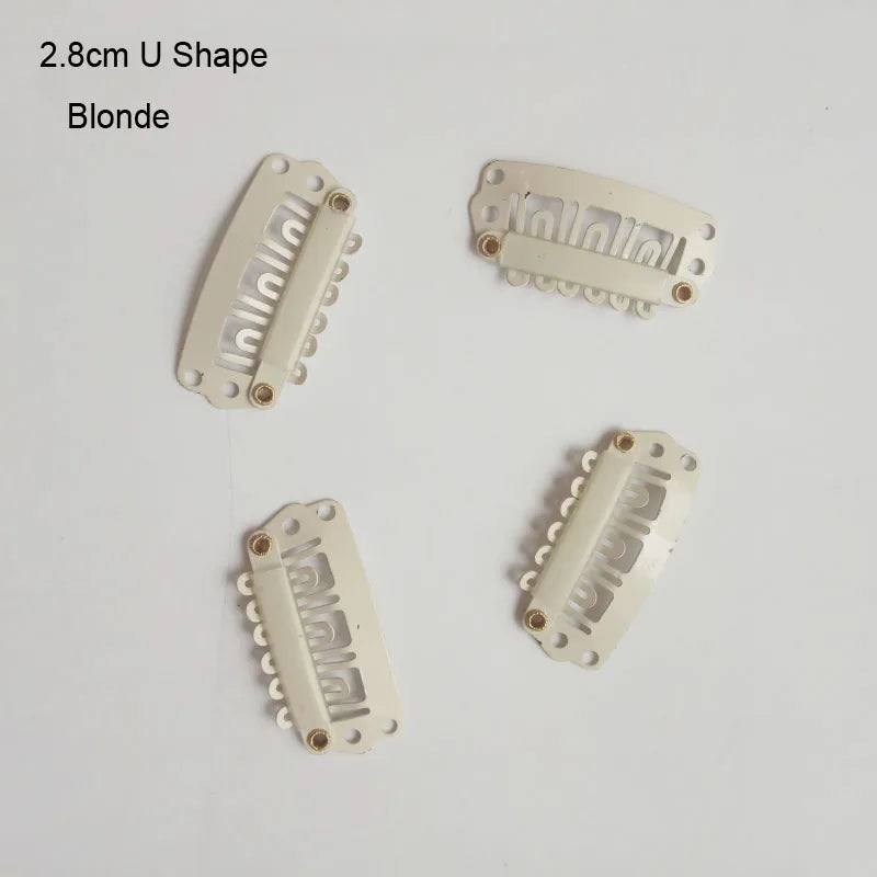 A set of two 2.8cm U-shape blonde precision hair extension clips.