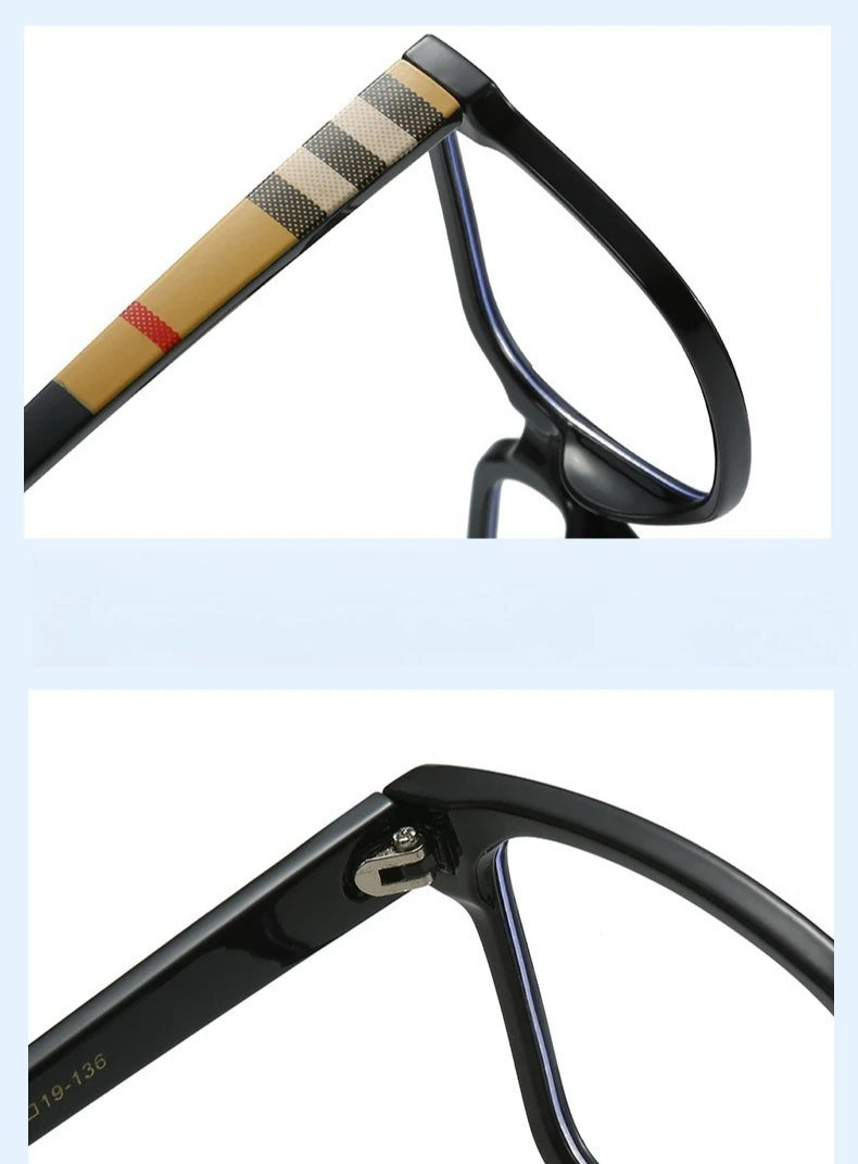 A close-up view of black rectangular anti-blue light eyewear with a patterned brown and black strap.