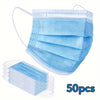 A pack of 50 light blue disposable medical face masks for adult protection