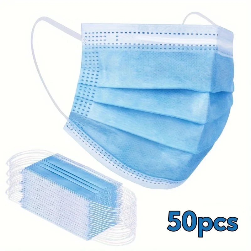A pack of 50 light blue disposable medical face masks for adult protection