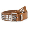A brown leather belt featuring silver square bead rivet pyramids.