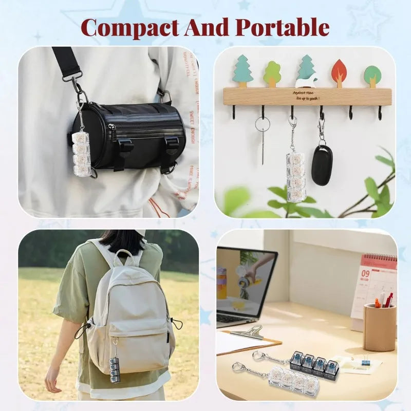 A set of clickable LED fidget keychains and a keyboard shown with a backpack and on a desk.
