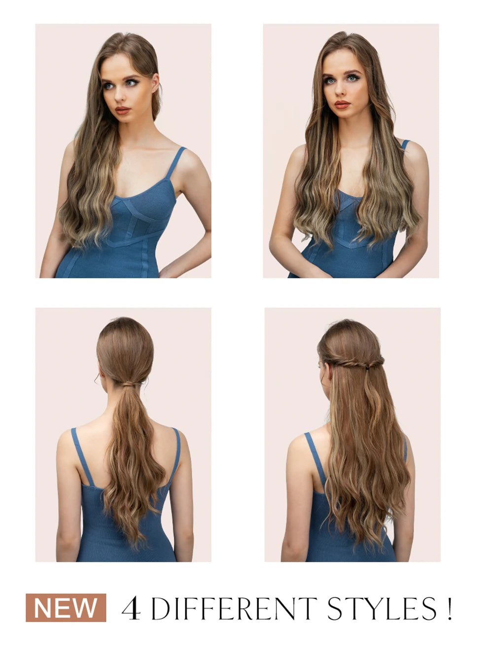 Cuatro estilos diferentes de extensiones de cabello ondulado clip-in de 22 pulgadas en azul