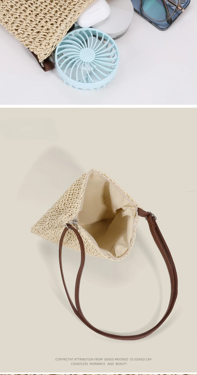A beige hand-woven straw visor hat with brown leather strap shown against a light background.