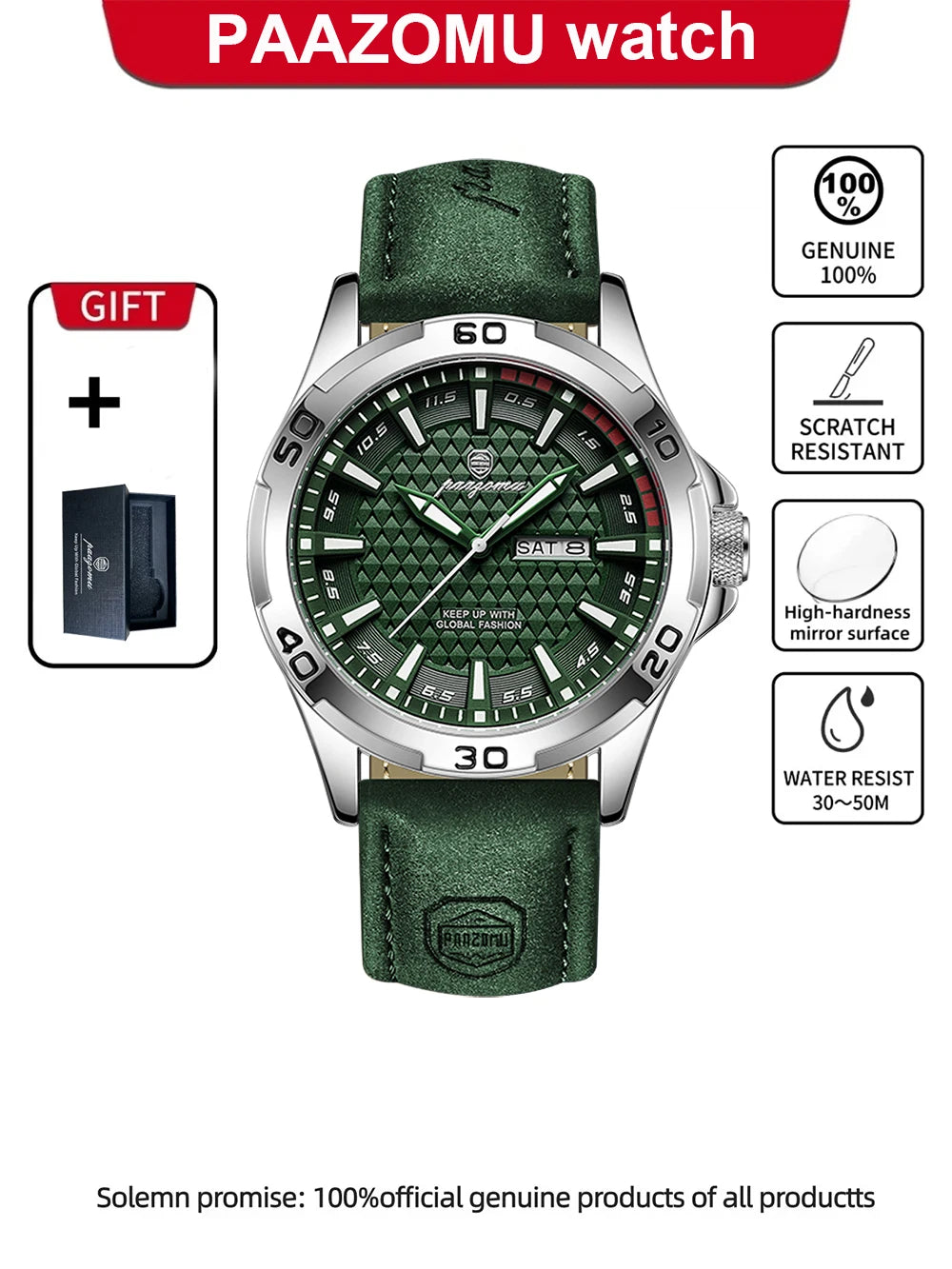 A dark green PAAZOMU watch with a silver bezel and green strap displayed against a white background.