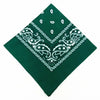 A dark green cotton bandana scarf featuring white paisley and geometric patterns.