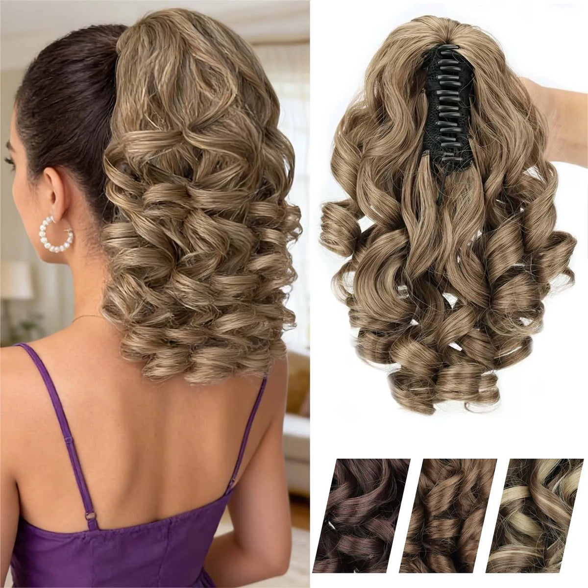 A woman shows off a long, textured blonde hair extension styled in an elaborate curly braid and wavy texture.