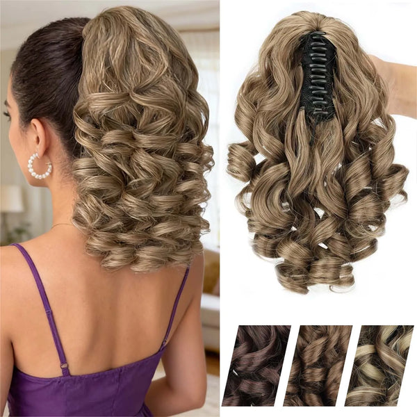 A woman shows off a long, textured blonde hair extension styled in an elaborate curly braid and wavy texture.