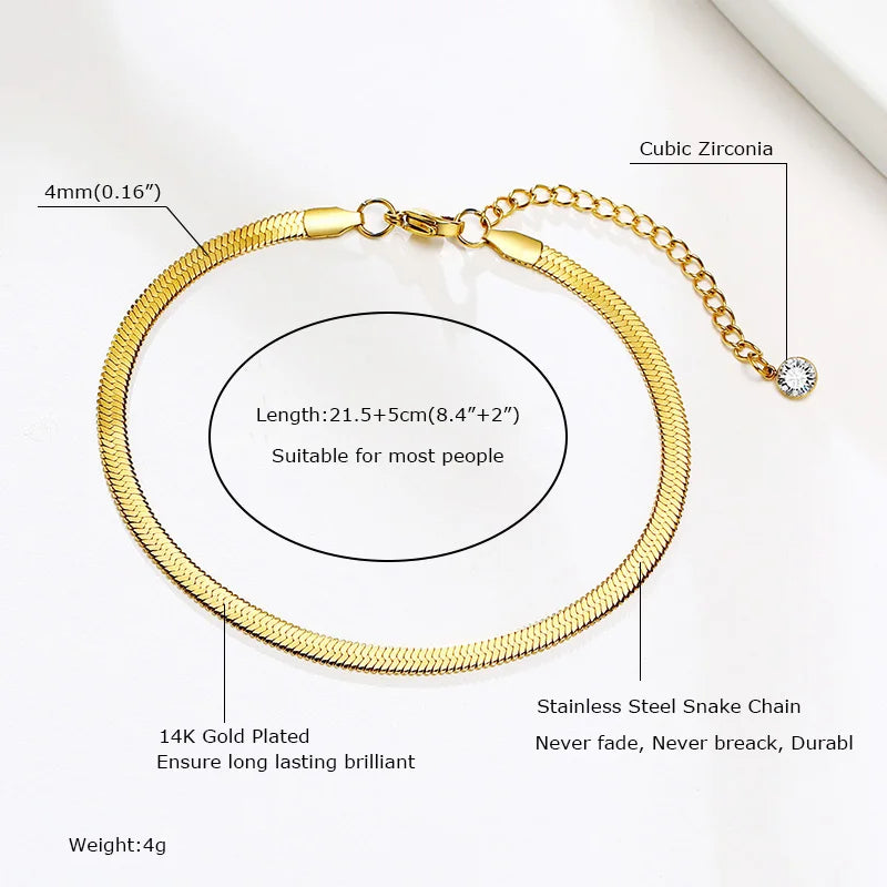 Gold plated stainless steel snake chain anklet with a cubic zirconia charm