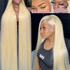 A collage showing a long blonde straight wig with HD lace front and pre-plucked natural hairline.