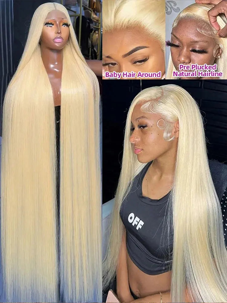 A collage showing a long blonde straight wig with HD lace front and pre-plucked natural hairline.