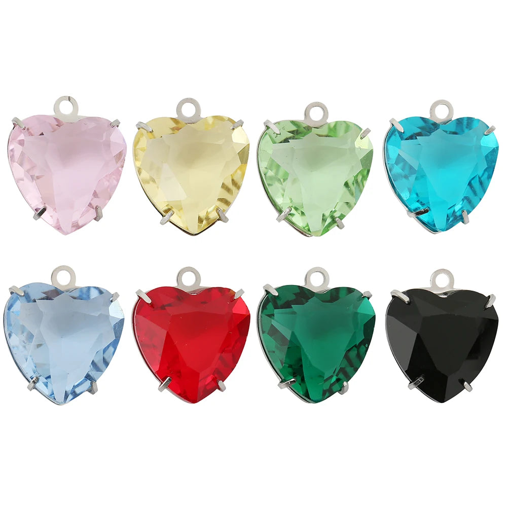 Five heart-shaped crystal pendants in various colors including pink, yellow, green, blue, red, and black.